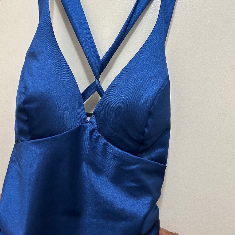 NWOT B. Darlin Sleeveless Satin X-Back Long Marine Blue Dress- Size 13/14 - Picture 7 of 13